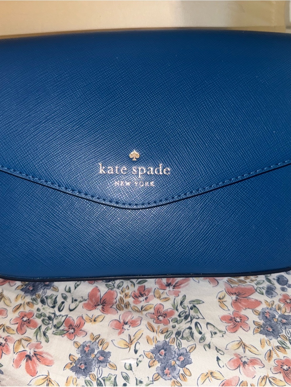 kate spade royal blue Saffiano Leather Clutch with Gold Logo